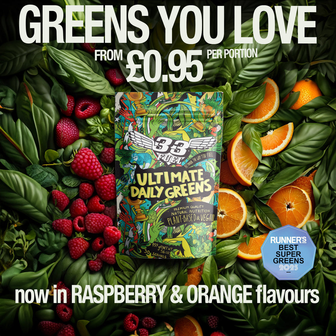 Bag of 33Fuel 'Ultimate Daily Greens' surrounded by fruits and vegetables with promotional text.
