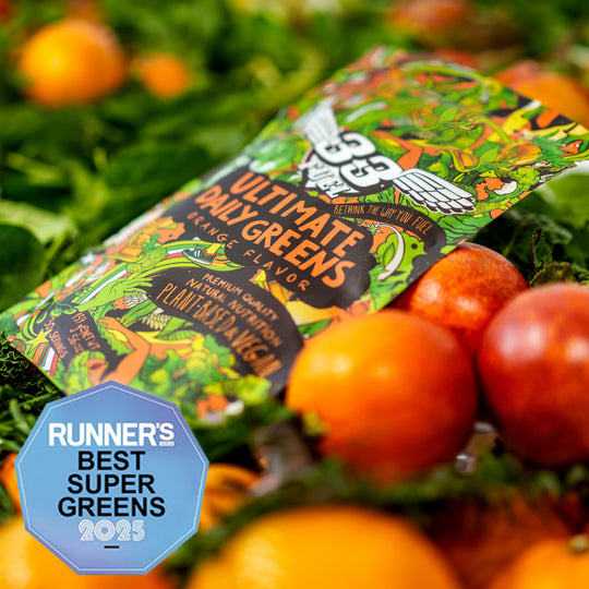 Super greens package with Runner's Best Super Greens 2025 badge surrounded by vegetables Orange flavour