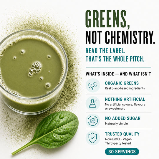 33Fuel Organic greens nothing artificial no  added sugar  Thirds party tested 