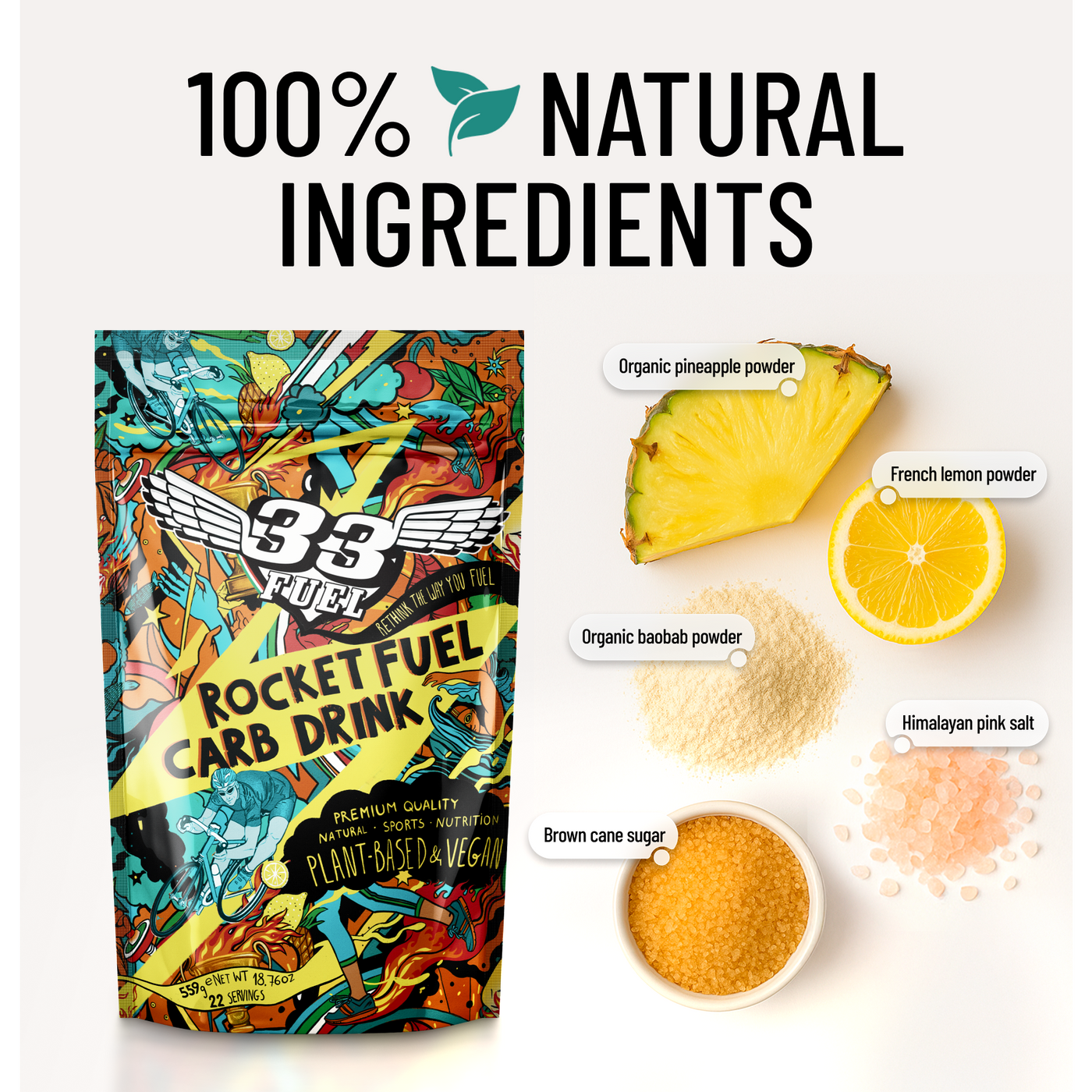 Rocket Fuel ingredients: organic pineapple powder, organic baobab powder, French lemon powder, brown cane sugar and Himalayan pink salt